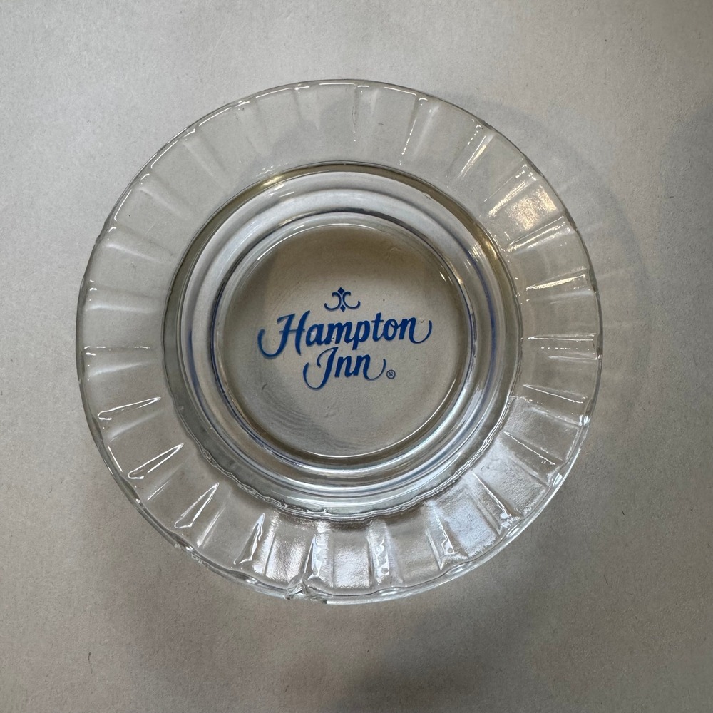 Vintage Hampton Inn Clear Glass Ashtray Blue Logo Tobacciana Hotel Memorabilia‎